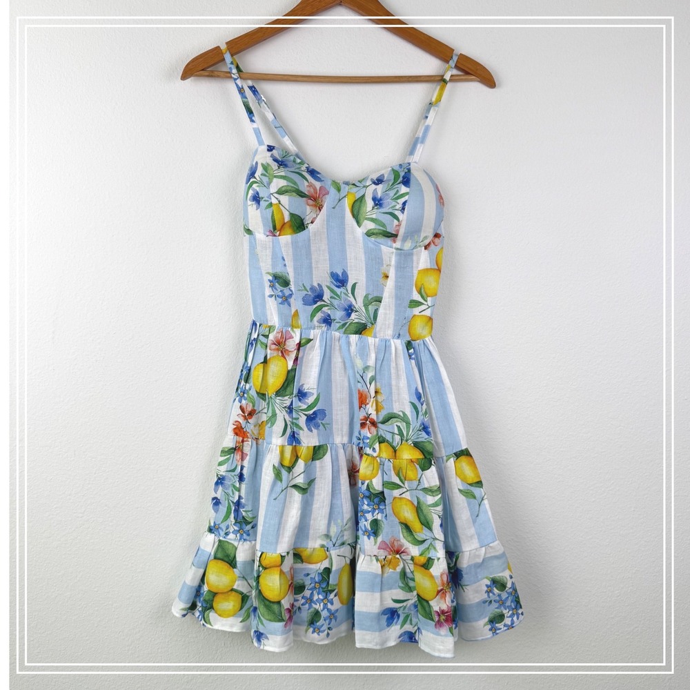 Louise Positano Italian Linen Dress Women M Blue White Lemon Floral Stripe Mini